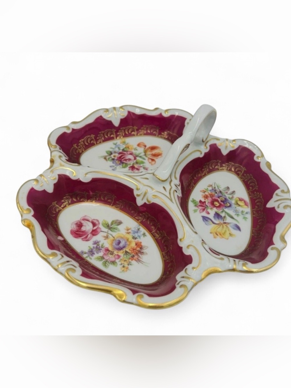 Graf von Henneberg JLMenau Germany 3 Section Porcelain Dish Burgundy Gold Floral